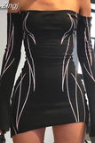 Gothic Black Off Shoulder Long Sleeve Mini Dress Grunge Streetwear Outfits Women Print Party Club Short Dress