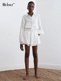 Linen Ruffle Shorts Sets 2 Pieces Women Sexy Lantern Sleeve White Tops Summer Elastic Waist Shorts Woman Suit