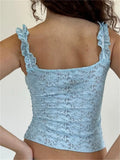 Retro Lace Floral See Through Sleeveless Camis Tops for Women 2023 Ruffle Strap Tie-up O-neck Slim Fit Tank Mini