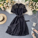 2021 Summer Women Vintage Hollow Out Short Sleeve Overknee Dress High Waist Sashes Buttons New Female Embroidery