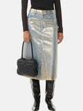 Zingj 2024 New Street Trend Wind Hot Gold Design Sense A Line Skirt Fashion High Waist Show Skinny Denim