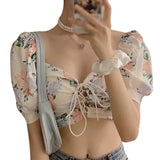 Fashion Women Floral Print Drawstring Blouses Shirt Women Short Sleeve French Vintage Bandage Lace Tops Female