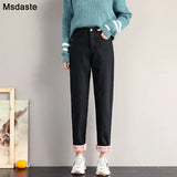 Jeans for Women Velvet Thick Warm Denim Pants High Waist Fleece Mom Jeans Vintage Wide Leg Ankle-Length Harem Denim
