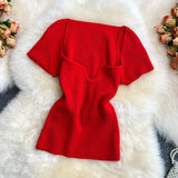 Zingj Spice Sister Wind Short T Shirt Short Sleeve Design Sense Small Square Collar Machine Dew Collarbone Crop Sweater Jacket