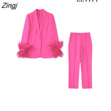 Women Fashion With Feathers Straight Blazer Coat And High Waist Side Zipper Ankle Trousers Female Two Piece Sets