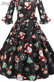 Print Vintage Dress Christmas Dress Women Winter Elegant Party Dresses Petal Sleeve Casual Midi