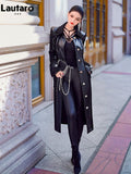 Spring Autumn Long Luxury Elegant Fitted Patchwork Pu Leather Trench Coat for Women Single Breasted Runway Fashion