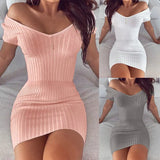 Summer Solid Sexy Deep V Neck Slim Women's Mini Package Hip Knitt Dress 2020 Fashion Casual Short Sleeve Ladies