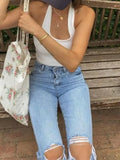 Washed High Waist Knee Ripped Jeans-Outfit