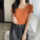 Summer Short Sleeve Korean Style Sweater V-Neck Knitted Pullover Women Sweaters Basic Thin Tops Pull Femme Jumper