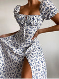 Floral Print Dress Sweet Square Neck Puff Sleeve Side Spilt Drawstring Maxi Dresses for Women Party Chic Casual