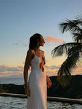 V-neck Wavy Hollow Out Sling Knitted Dress Women Elegant Sleeveless Backless Robes 2024 Lady Casual Beach Vacation