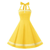 Sexy Women Polka Dot Swing Party Dress Halter Blue Cotton A Line 60s 50s Pin Up Retro Vintage Rockabilly Jurk with
