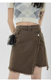 Clothes Women's Denim Short Skirt High Waist Vintage Streetwear Europe and America Fashion Irregular Brown Jean