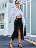 Side Slit Buttoned Denim Midi Skir- Outfit