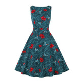Vintage Women Sleeveless Swing Dresses Summer Casual Elegant Office Flower Print Female Fashion Retro Pleated