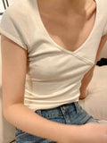 Slim T-Shirt Summer V Neck Streetwear Cotton Top 2023 Femme Sweet Cute Y2k Simple Tee Tops Woman