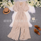 Zingj Summer Women's Wear 2023 New Temperament Wave Point V Neck Show High Waist Casual Wide Leg Jumpsuit