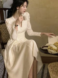Vintage Elegant Drawstring V Neck Midi Dress Fashion Ruched Long Sleeve Korean Party Dress Casual Autumn New