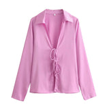2025 New Women's Loose Bow Trim Silk Satin Texture Shirt Women