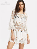 Sexy Hollow Out Lace White Tunic Beach Dress Plus Size Bohemian Women Summer Beachwear Three Quarter Sleeve Mini Dress