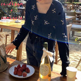 Women Korean Fashion Tops Flower Print Knitted Cardigan Suit Sweet Embroidery Vintage Sweater Beach Long Sleeve