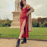 2022 Summer Women Long Silk Dress Spaghetti Strap Loose Split Sexy Maxi Satin Slip