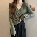 Zingj V-Neck Long-Sleeved T-Shirt Women 2024 New Design Sense Niche Fold Wear Inside With Heavy Bottom Shirt Tide-Outfit
