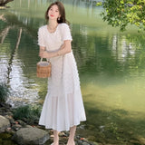 White Short Sleeve Dress Female Summer 2023 New French Sweet Temperament O-Neck Solid Women Clothes Black Midi