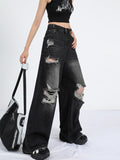 Zingj Street Black Ripped Jeans Women's New Summer Popular Logo Straight Tube Loose And Versatile Drag Wide Leg