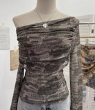 Vintage Tie-Dye-Print Mesh Folded Long-Sleeved T-Shirt With A Word-Collar Slanted Shoulder-To-Back Short Top