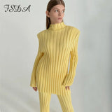 2021 Autumn Winter Long Sleeve Sweater Top Green And Pants Knitted Casual Women Two Piece Set Khaki Fashion