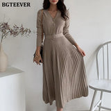 Elegant V-neck Single-breasted Women Thicken Sweater Dress 2021 Autumn Winter Knitted Belted Female A-line soft