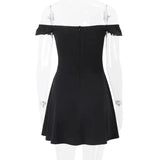 Black Off-shoulder Deep Neck Mini Dress- Outfit
