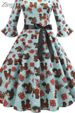 Print Vintage Dress Christmas Dress Women Winter Elegant Party Dresses Petal Sleeve Casual Midi
