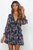 Zingj Selling 2023 Spring And Autumn New V Collar Waist Bubble Sleeve Long Sleeve Chiffon Dress