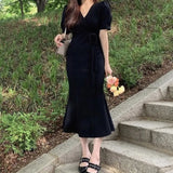 elegant slim V-neck slim lace up waist long fishtail dress women Korea summer short sleeve white vestido
