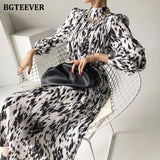 Spring New Stand Collar Women Full Sleeve Dress Elegant Hit Color Female Lace-up Printed Midi Dress