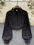 Autumn Senior Vintage Shirt 2023 Fashion Lantern Sleeve Loose Beading Design Top Women Lapel Streetwear Diamons