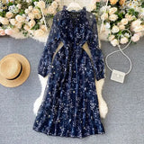 New Autumn Women Print Dresses Elegant Puff Sleeve Ruffles Hem Lace Up O Neck High Waist Blue Ladies