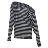Zingj 2024 New Women's Commuter Unique Cut Diagonal Collar Off-Shoulder Striped Long Sleeve Top-Outfit