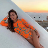 Print One Piece Swimsuit Long Sleeve Swimwear Women Bathing Suit Retro Swimsuit Vintage One-piece Surfing Swim Suits 211-0-Outfit
