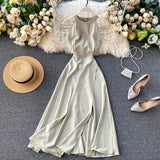 Sexy Halter Sleeveless Bohemian Dress Summer Women Elegant Off Shoulder Split Dresses Vintage A-line Beach