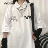 2020 Casual street flame plaid print turndown collar short sleeve t-shirt women men Summer loose hip hop tee shirt
