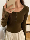 Solid Color Ribbed Breasted Slim Long Sleeve Knit-Outfit