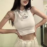 Letter Embroidery Ribbed Cropped Tank TopOutfit
