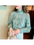 Floral Printed Blouse Women 2023 Fashion Long Sleeve Ruffle Stitching Shirts Stand Collar Vintage Flower Blouse Top