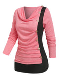 Patchwork Cowl Neck Mock Button Ruched Contrast T-shirt Women Tee T Shirt Long Sleeve 2022 T-Shirts