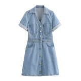 Denim Skirt 2025 Spring And Summer Roll Sleeves V-Neck Single Buckle High Waist Repair A-Word Mini Dress