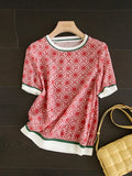 Vintage Printed Thin Chiffon Pullover Tops T Shirt Women Fashion Casual Elegant Chic Silk Satin Loose